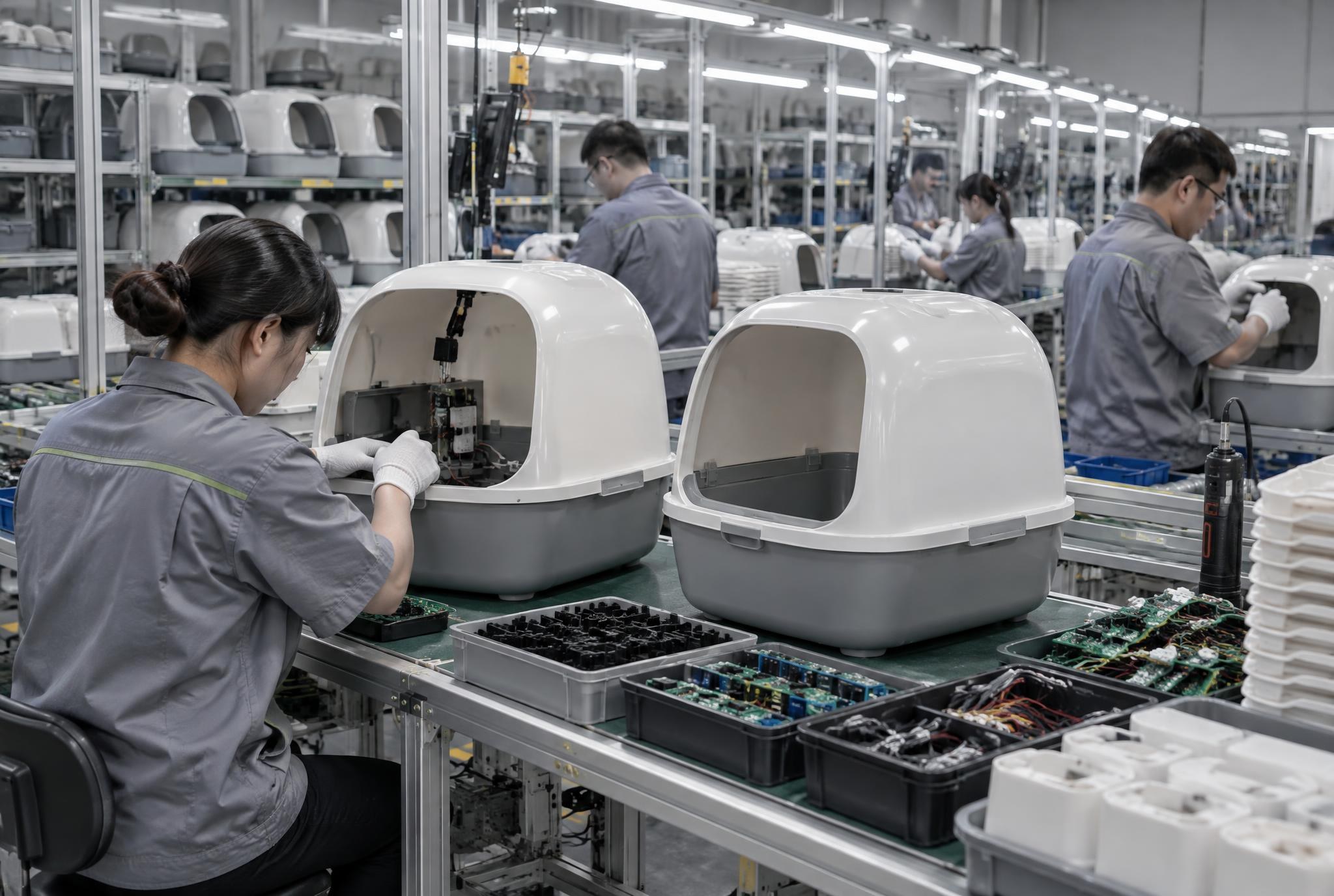 Litter box assembly line in a partner factory