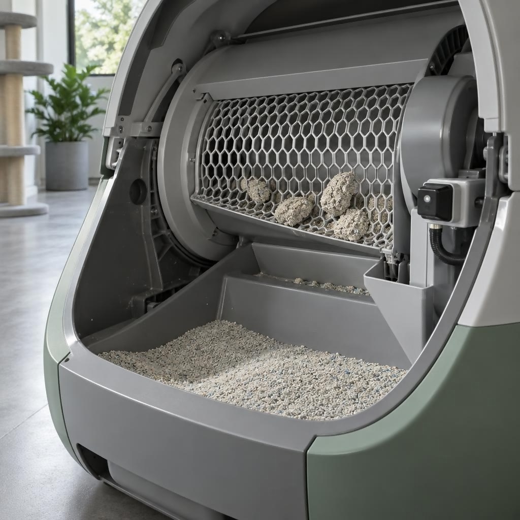 Close-up of an automatic litter box sifting mechanism